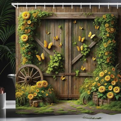 Ambesonne Rustic Shower Curtain, Floral Cottage Barn Door Summer Blooms Countryside Wooden Farmhouse, Cloth Fabric Bathroom Decor Set with Hooks, 69" W x 70" L, Fern Green Sepia and Yellow