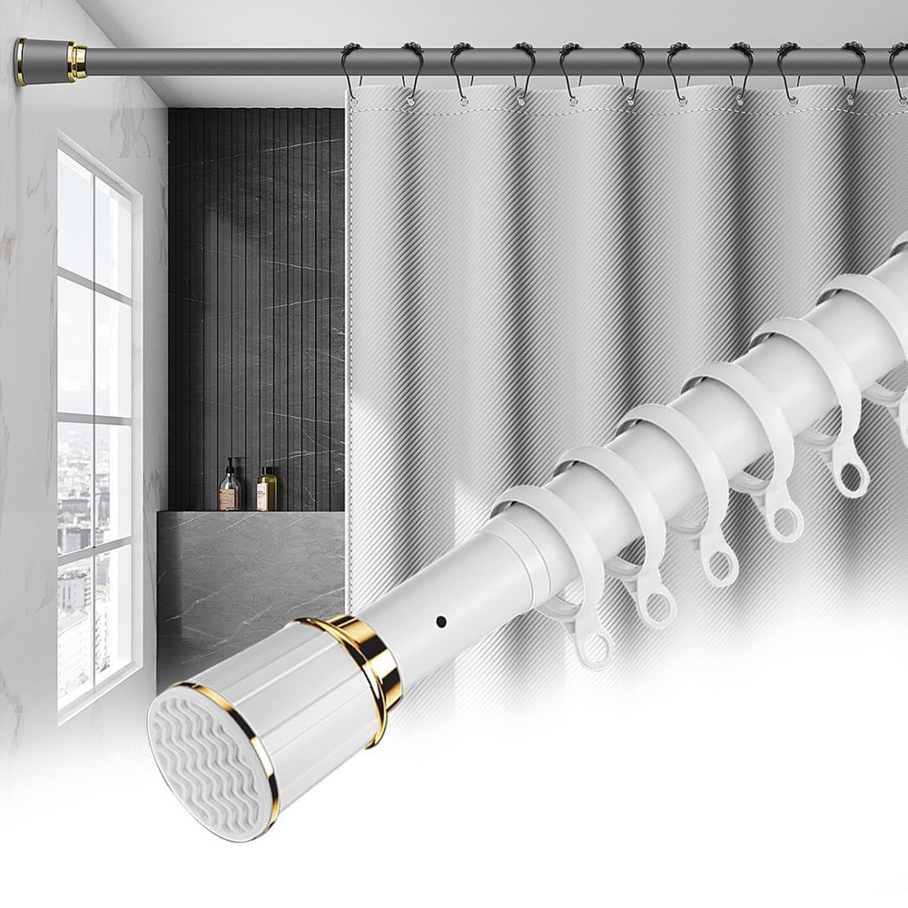 Shower Curtain Rod, Tension No Drill Adjustable Curtain Rod for Bathroom Shower Stall, RV, Windows, Closet, Stainless Steel, Anti-Slip Bathroom Rod(Color:White,Size:70cm-120cm)