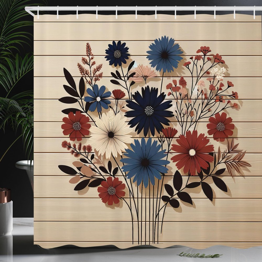Ambesonne Rustic Shower Curtain, Modern and Simple Bouquet with Flowers in Scandinavian Colors, Cloth Fabric Bathroom Decor Set with Hooks, 69" W x 84" L, Night Blue Ruby and Champagne