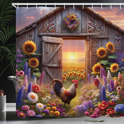 Ambesonne Rustic Shower Curtain, Rooster Vintage Barn Colorful Flowers and Sunset Farmhouse Concept, Cloth Fabric Bathroom Decor Set with Hooks, 69" W x 84" L, Mauve Taupe and Multicolor