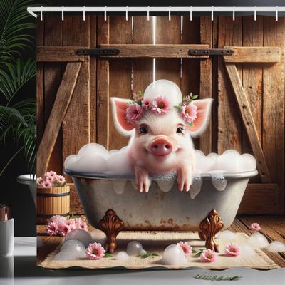 Ambesonne Rustic Shower Curtain, Smiling Funny Pig with Floral Wreath in Bubble Bath Weathered Cottage Barn, Cloth Fabric Bathroom Decor Set with Hooks, 69" W x 70" L, Pink and Redwood