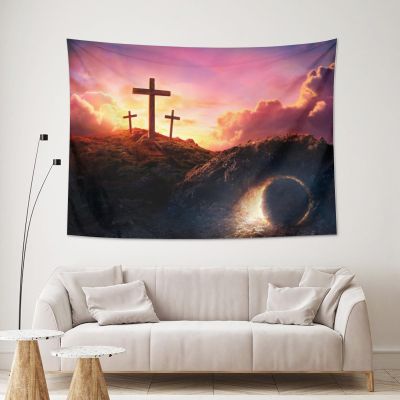 CHNYWORK 68x90 Inches Easter Theme Tapestry Wall Hanging Empty Tomb Three Crucifix Scenery Tapestry Wall Hanging for Religious Belief Church Event Bedroom Wall Hanging Living Room Dorm Decor