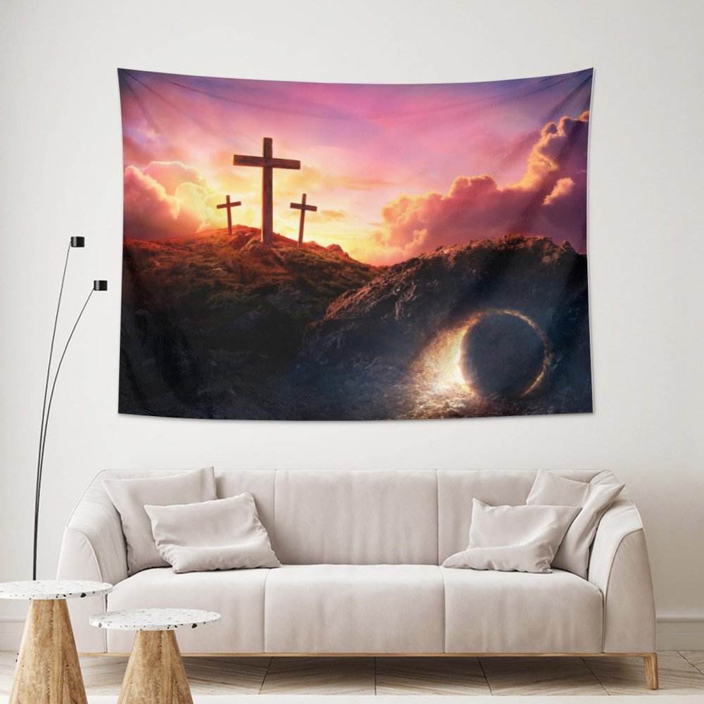 CHNYWORK 68x90 Inches Easter Theme Tapestry Wall Hanging Empty Tomb Three Crucifix Scenery Tapestry Wall Hanging for Religious Belief Church Event Bedroom Wall Hanging Living Room Dorm Decor