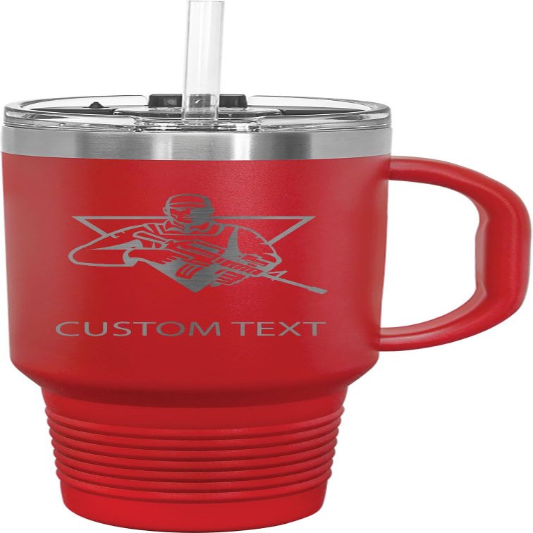 Hono Soldier, 40-Ounce Laser Engraved Stainless Steel Travel Tumbler Coffee Mug, Straw, Handle, Slider Lid - Customizable, Red