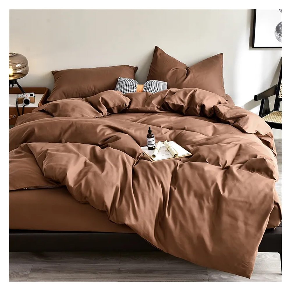 QuKan Bed, Bedding Set Skin Friendly Fabric Black Duvet Cover Set Solid Color Single Double King Size Quilt Cover Set, 180x200cm 4 pcs, Brown, MM-102