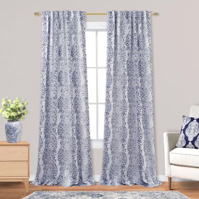 92 Inch Long Curtains for Living Room 2 Panel Set,Vintage Pattern Back Tab 50% Blackout Room Darkening Light Filtering Black Out 92 Inches Long Ceiling to Floor Length Curtain Drapes,Dark Navy Blue