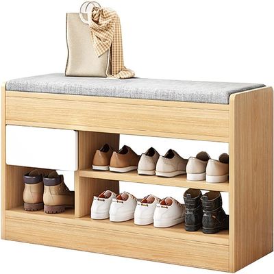 HOBIBA Shoe Storage Bench 2 Tiers 1 Drawer Shoebox with seat and Cushion Corridor Bedroom Living Room Furniture Organizer(Size:60x30x52cm)