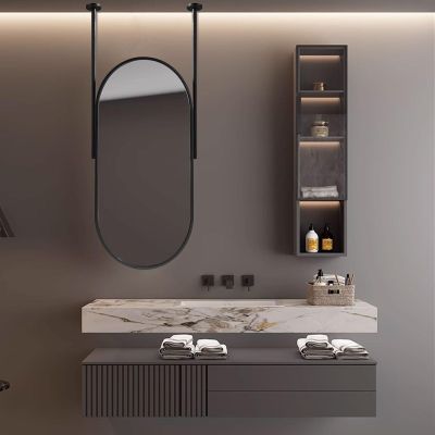 Ceiling Hanging Rod Mirror, Oval Bathroom Mirrors for Wall with Floating Rods Black Metal Framed Hanging Wall Mirror for Vanity Shaving (Size : 40cmx70cm)
