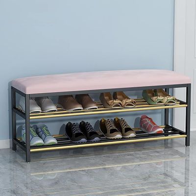 HOBIBA Storage Foot Rest end of Bed Bench Entryway Shoe Bench with Storage,2 Tier Metal Shoe Rack with Faux Leather Seat Organizer(Size:100x30x45cm(39x12x18inch),Color:Pink)