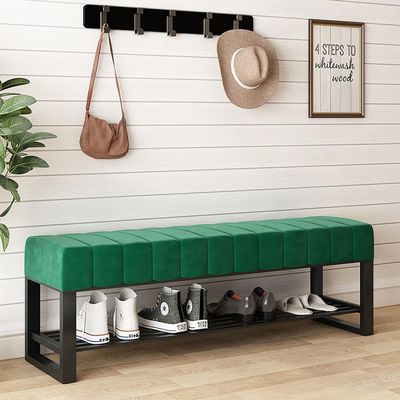 HOBIBA Upholstered Shoe Bench with Velvet Seat,Decorative Entryway Storage Bench,Shoe Rack Bench Shoe Organizer Organizer(Size:100x32x45cm(39x13x18inch),Color:Green)