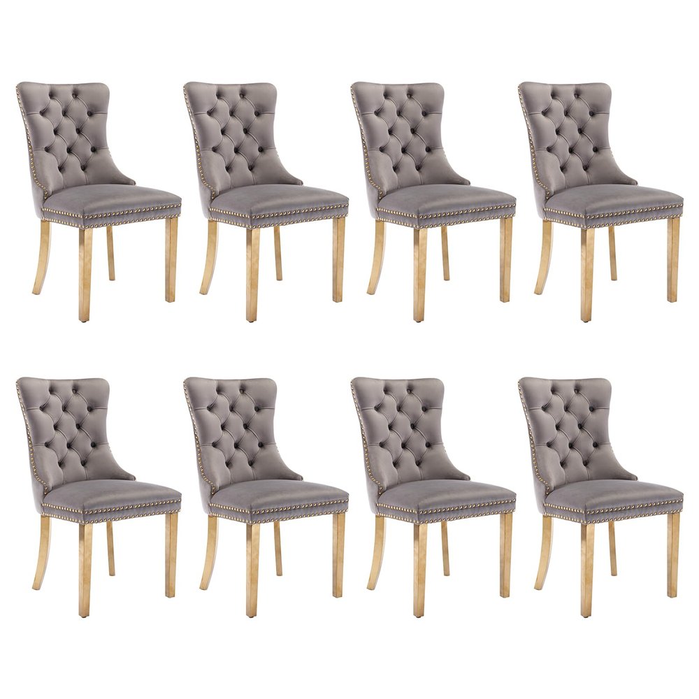 SoarFlash Velvet Dining Chair Set of 8, Upholstered Tufted Dining Room Chair with Nailhead Trim and Solid Gold Plated Leg for Kitchen(Grey)