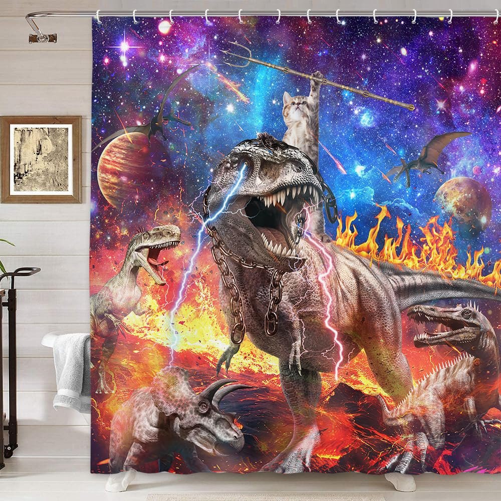 Funny Cat Shower Curtain, Cute Hilarious Cool Cat Riding Dinosaur on Fantasy Galaxy Space Shower Curtain, Outer Universe Anime Fabric Boys Girls Kids Shower Curtain for Bathroom with Hooks, 60X70IN