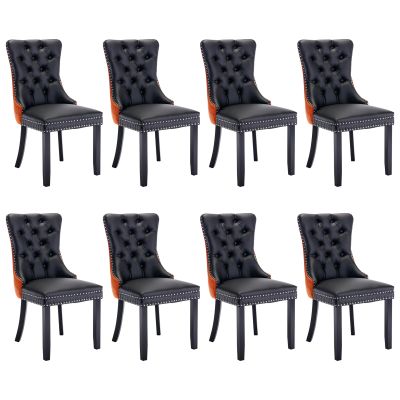 SoarFlash Leather Dining Chairs Set of 8, Tall Back Side Chair, Modern Upholstered Side Chair with Button Back Ring, Solid Wood Legs (Black&Orange)