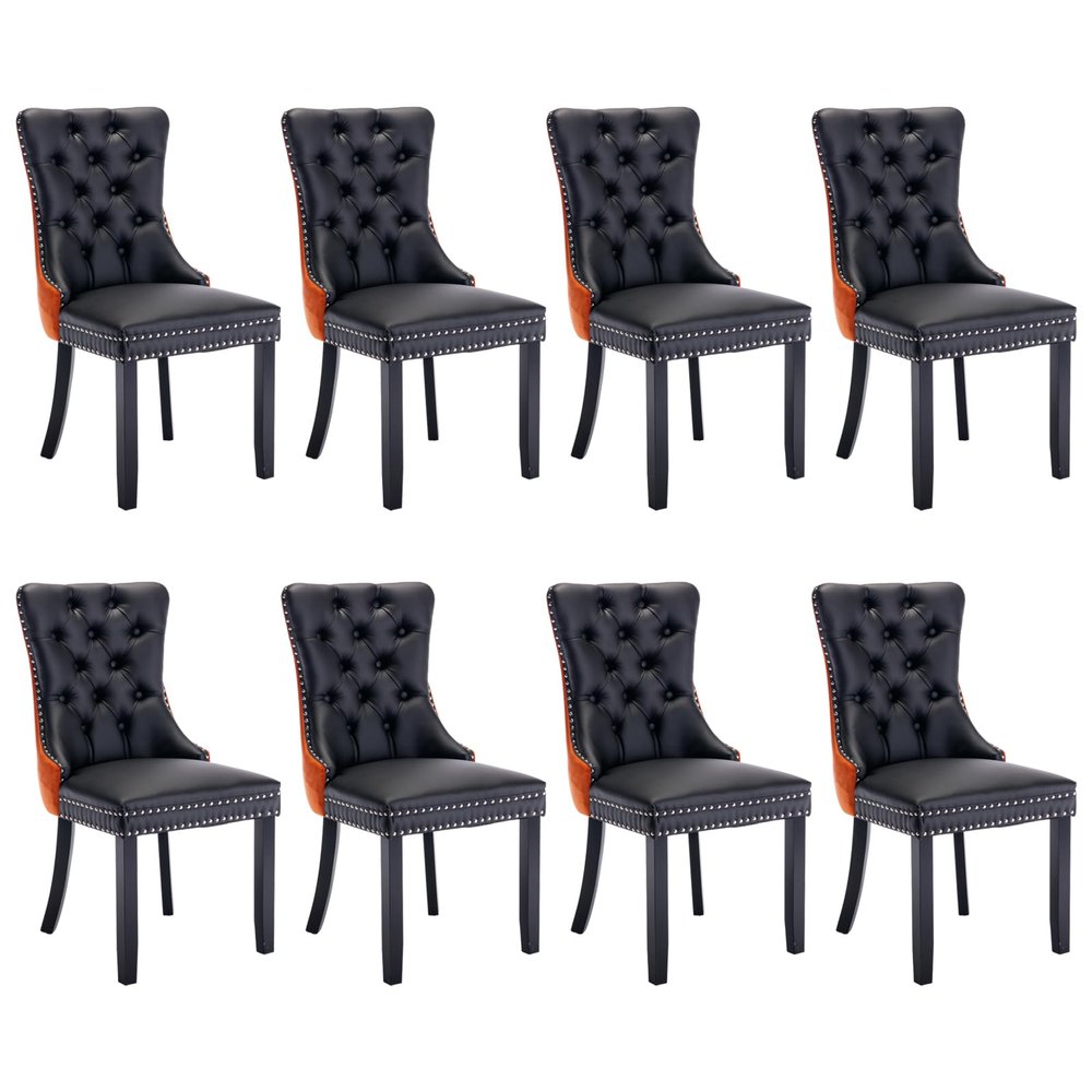 SoarFlash Leather Dining Chairs Set of 8, Tall Back Side Chair, Modern Upholstered Side Chair with Button Back Ring, Solid Wood Legs (Black&Orange)