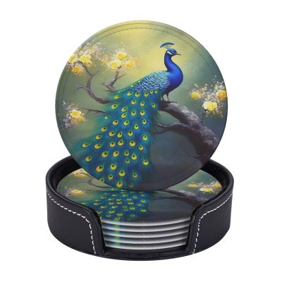 6 Pack Peacock Art Coaster for Drinks with Holder- Country Aesthetics Leather Coasters Waterproof Non-Slip for Kitchen Dining Coffee Bar Wooden Table Decor, Round