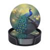 6 Pack Peacock Art Coaster for Drinks with Holder- Country Aesthetics Leather Coasters Waterproof Non-Slip for Kitchen Dining Coffee Bar Wooden Table Decor, Round view 1