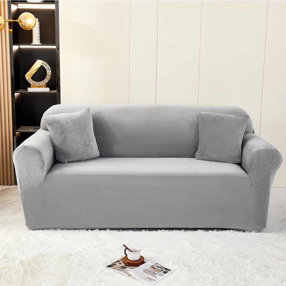 Morbuy Stretch Couch Cover Velvet Sofa Covers, 1-4 Seats Solid Colour Couch Covers Sofa Slipcovers with Elastic Bottom, Furniture Protector for Kids, Pets (2-Seaters,Light Grey)