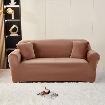 Morbuy Stretch Couch Cover Velvet Sofa Covers, 1-4 Seats Solid Colour Couch Covers Sofa Slipcovers with Elastic Bottom, Furniture Protector for Kids, Pets (2-Seaters,Coffee)