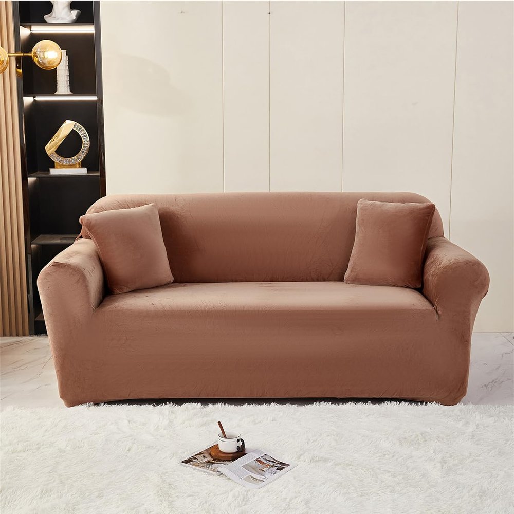 Morbuy Stretch Couch Cover Velvet Sofa Covers, 1-4 Seats Solid Colour Couch Covers Sofa Slipcovers with Elastic Bottom, Furniture Protector for Kids, Pets (2-Seaters,Coffee)