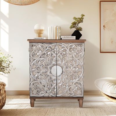 MFSTUDIO Wood Accent Storage Cabinet with 2 Doors, Vintage Buffet Sideboard Embossed Pattern Decorative Cabinet for Entryway Dining Room Living Room, Brown and Silver