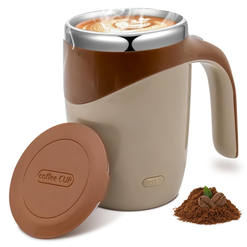 FLECPSNRG Self Stirring Coffee Mug, Rechargeable Automatic Coffee Stirring Mixing Mug, Electric Funny Self Mixing Cup, Stainless Steel Travel Coffee Cup, 380ML, Brown