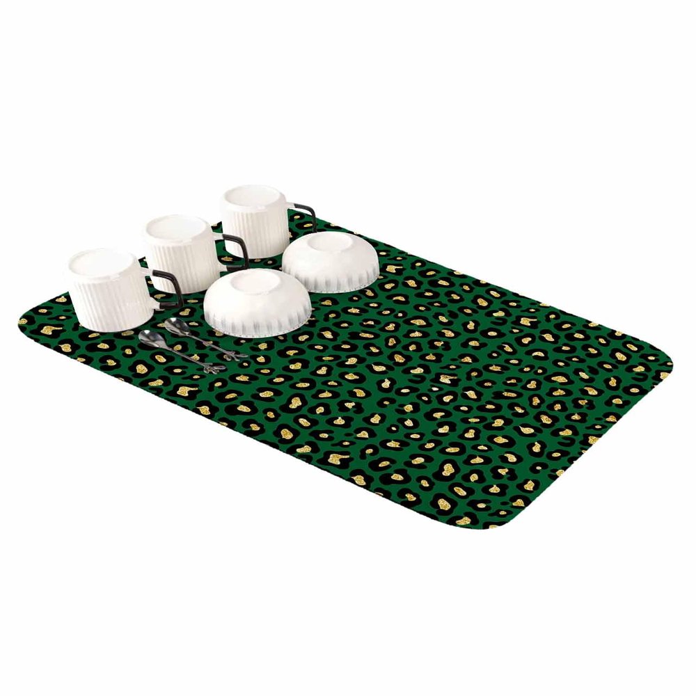 Green Leopard Print Dish Drying Mat for Kitchen Counter, Super Absorbent Quick Dry Coffee Bar Mat Pad Thin Diatomaceous Sink Mat Non Slip Dish Drainer Mat 16''x24'' Spring St. Patrick's Day Holiday