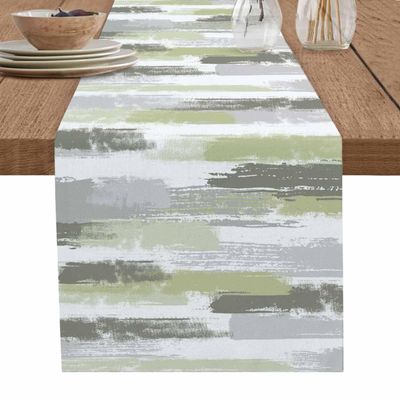 Abstract Sage Green Table Runner-Cotton Linen- 36 Inch Holiday Dresser Scarves, Modern Geometric Grey White Stripe Tablerunner for Kitchen Coffee/Dining Bedroom Living Room Dinner Scarf Dcor 13x36