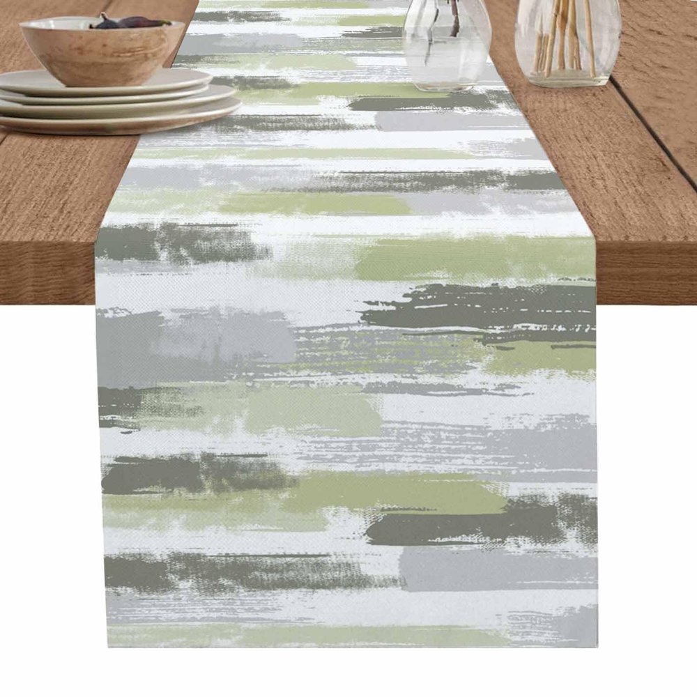 Abstract Sage Green Table Runner-Cotton Linen- 36 Inch Holiday Dresser Scarves, Modern Geometric Grey White Stripe Tablerunner for Kitchen Coffee/Dining Bedroom Living Room Dinner Scarf Dcor 13x36