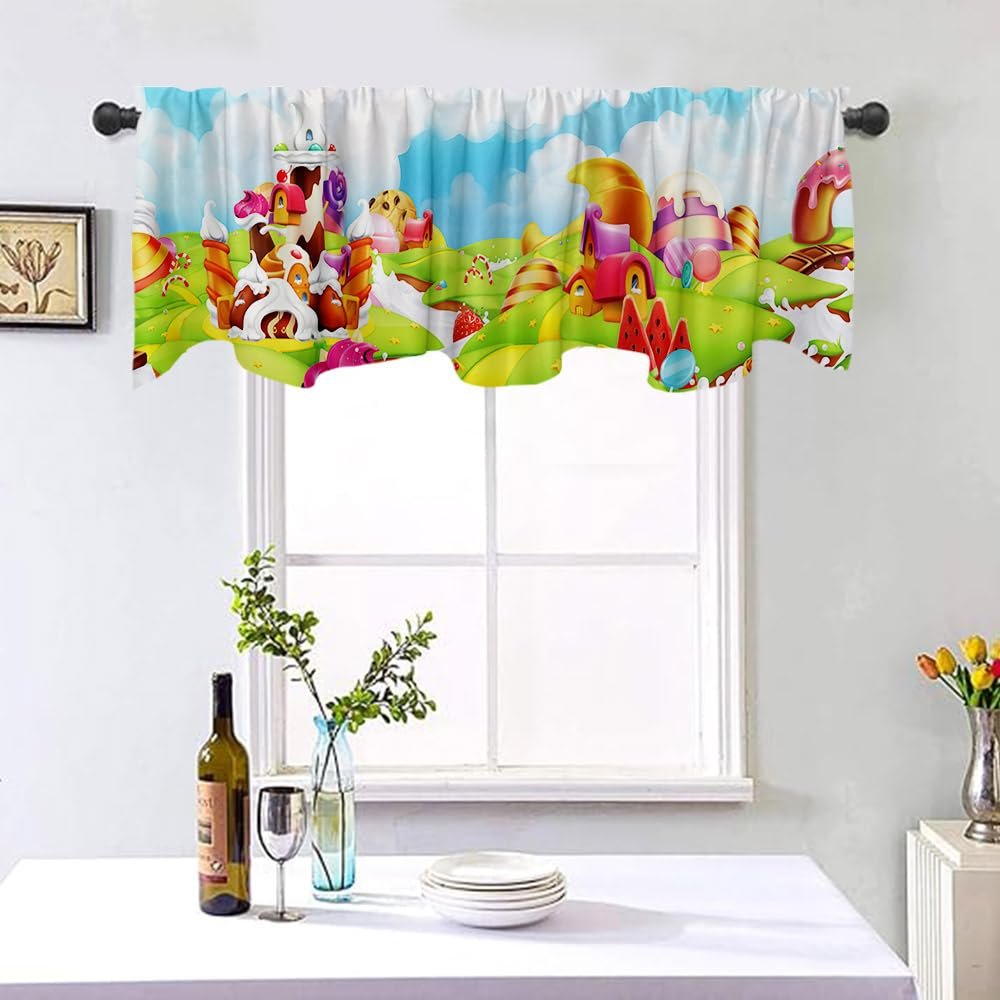 54x18 Inches Candy Dessert Land Green Window Valance Sky Ice Cream House Watermelon Summer Donut Indoor Window Decor Polyester