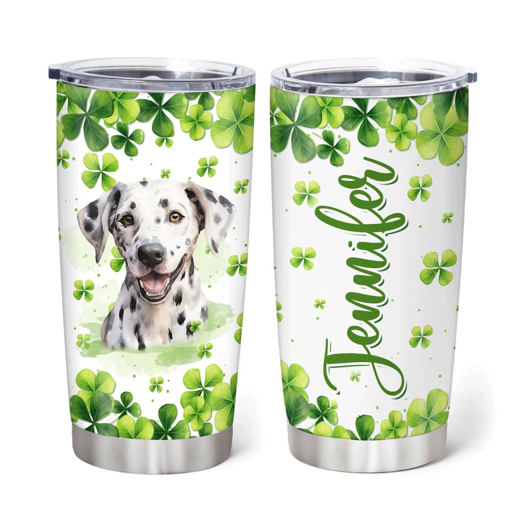 Hyturtle Personalized Gifts Dalmatian Lover - With Lucky Four Leaf Clover Custom Name Coffee Tumbler Cup Stainless Steel 20oz, Dog Lover Gifts For Women, Girl On Birthday, St Patricks Day