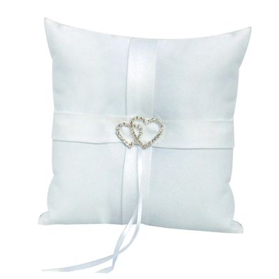 Ciieeo White Satin Double Heart Wedding Pillow with Ribbons for Ceremonies Includes Strap for Page Boy to Hold Elegant Bridal Accessory