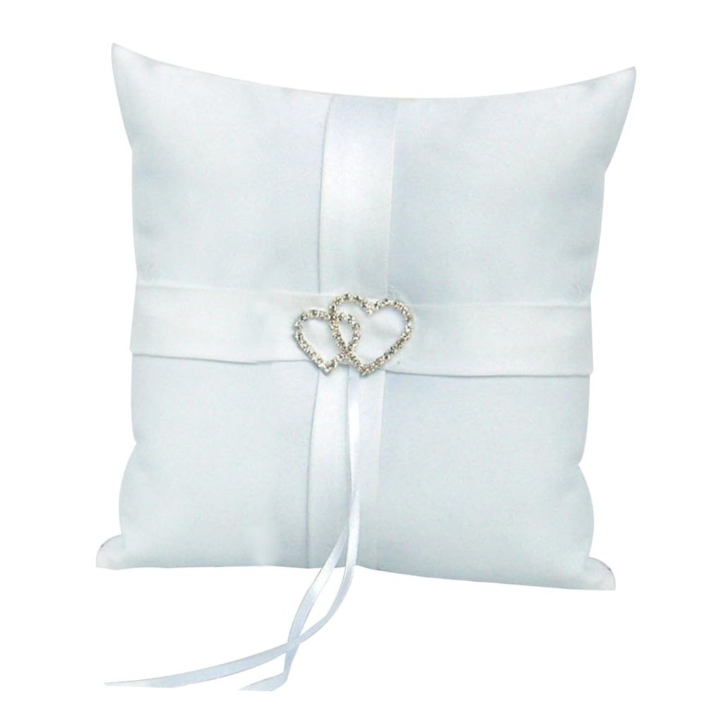 Ciieeo White Satin Double Heart Wedding Pillow with Ribbons for Ceremonies Includes Strap for Page Boy to Hold Elegant Bridal Accessory