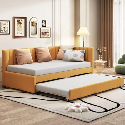 DNChuan Twin Size Daybed with Trundle,Linen Upholstered Sleeping Sofa Bed Couch Futon,Wooden Slats,No Box Spring Needed for Kids Girls Boys,Yellow