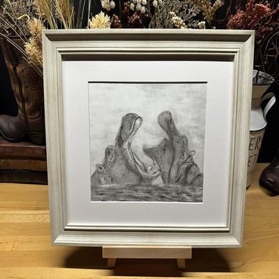 Noah's Ark Series Hippos Hippopotamus' Graphite Pencil Art Sketch Drawing Print Picture Limited Edition ~ 'Hippos Of The Ark' by David Allen (11x14 White Frame & Print)