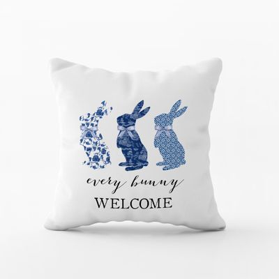 CANARY ROAD Every Bunny Welcome Pillow | Easter Bunny Decor Pillow | Bunny Themed Living Room Decor | Blue White Decor | Spring Gift | Chinoiserie Decor