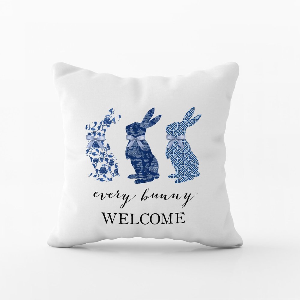 CANARY ROAD Every Bunny Welcome Pillow | Easter Bunny Decor Pillow | Bunny Themed Living Room Decor | Blue White Decor | Spring Gift | Chinoiserie Decor