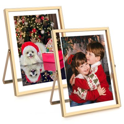 Golden State Art 2 Pack 6x8 Inch Metal Picture Frames for 5x7, 4x6 Floating Photos, with Real Glass and Pull-Out Easel Stand for Tabletop Display (Vertical) - Light Gold