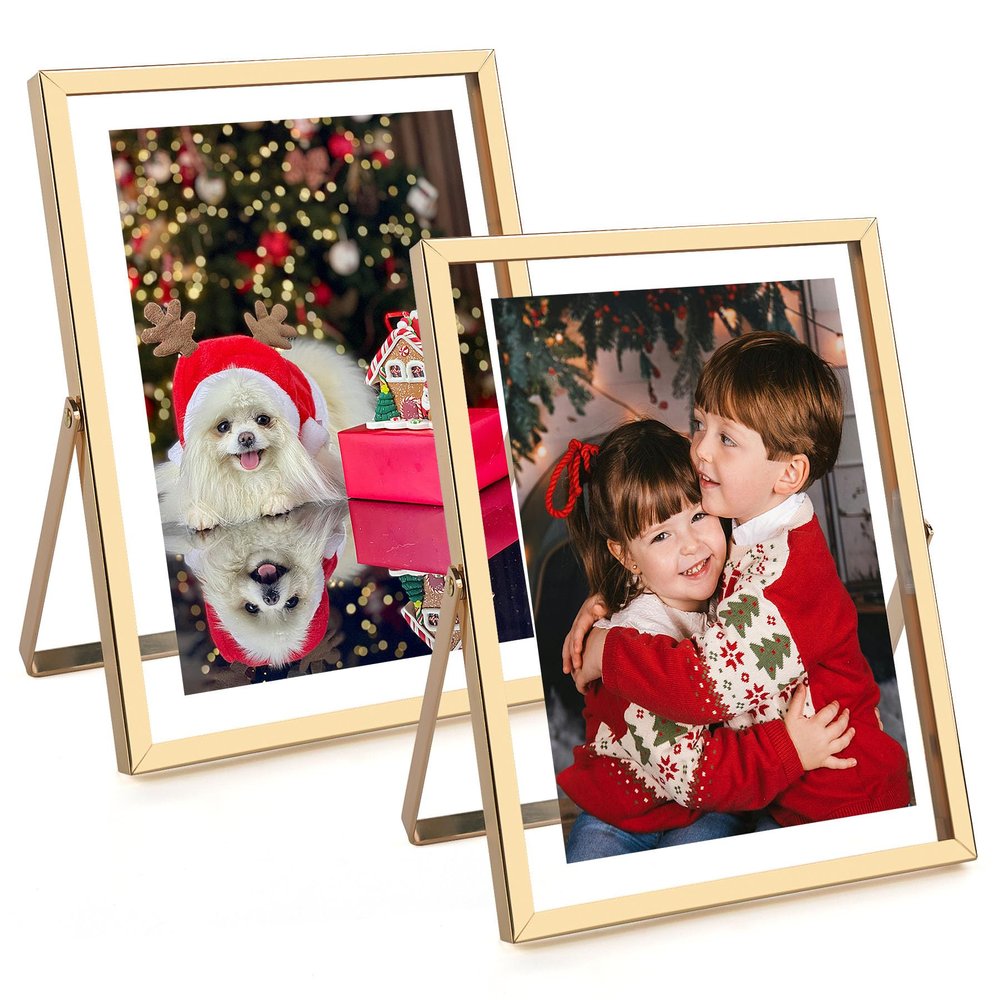 Golden State Art 2 Pack 6x8 Inch Metal Picture Frames for 5x7, 4x6 Floating Photos, with Real Glass and Pull-Out Easel Stand for Tabletop Display (Vertical) - Light Gold