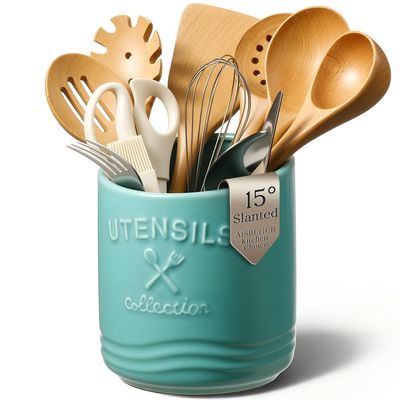 AISBUGUR Large Ceramic Utensil Holder 7.5" H6.3" W with Slanted Mouth - Utensil Crock with Non-Slip Cork Base for Kitchen Counter, Ideal for Decor & Gift,Blue