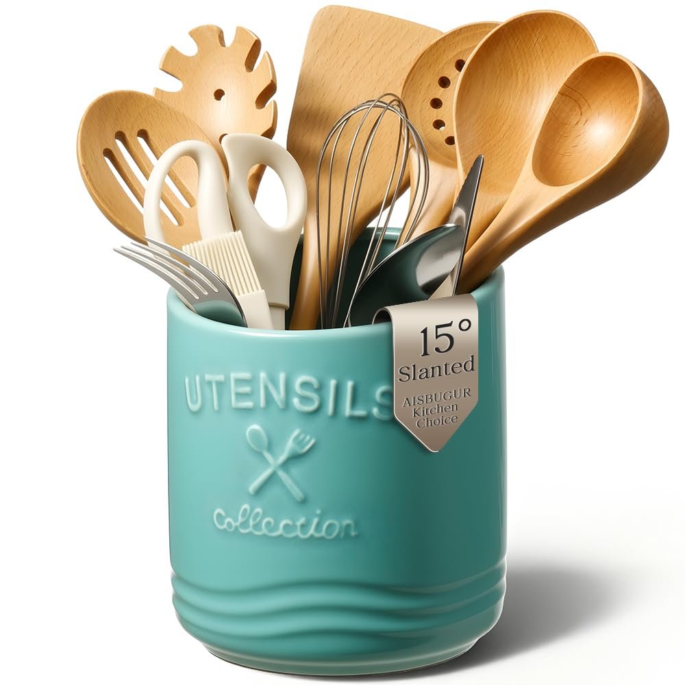 AISBUGUR Large Ceramic Utensil Holder 7.5" H6.3" W with Slanted Mouth - Utensil Crock with Non-Slip Cork Base for Kitchen Counter, Ideal for Decor & Gift,Blue