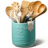 AISBUGUR Large Ceramic Utensil Holder 7.5" H6.3" W with Slanted Mouth - Utensil Crock with Non-Slip Cork Base for Kitchen Counter, Ideal for Decor & Gift,Blue view 1