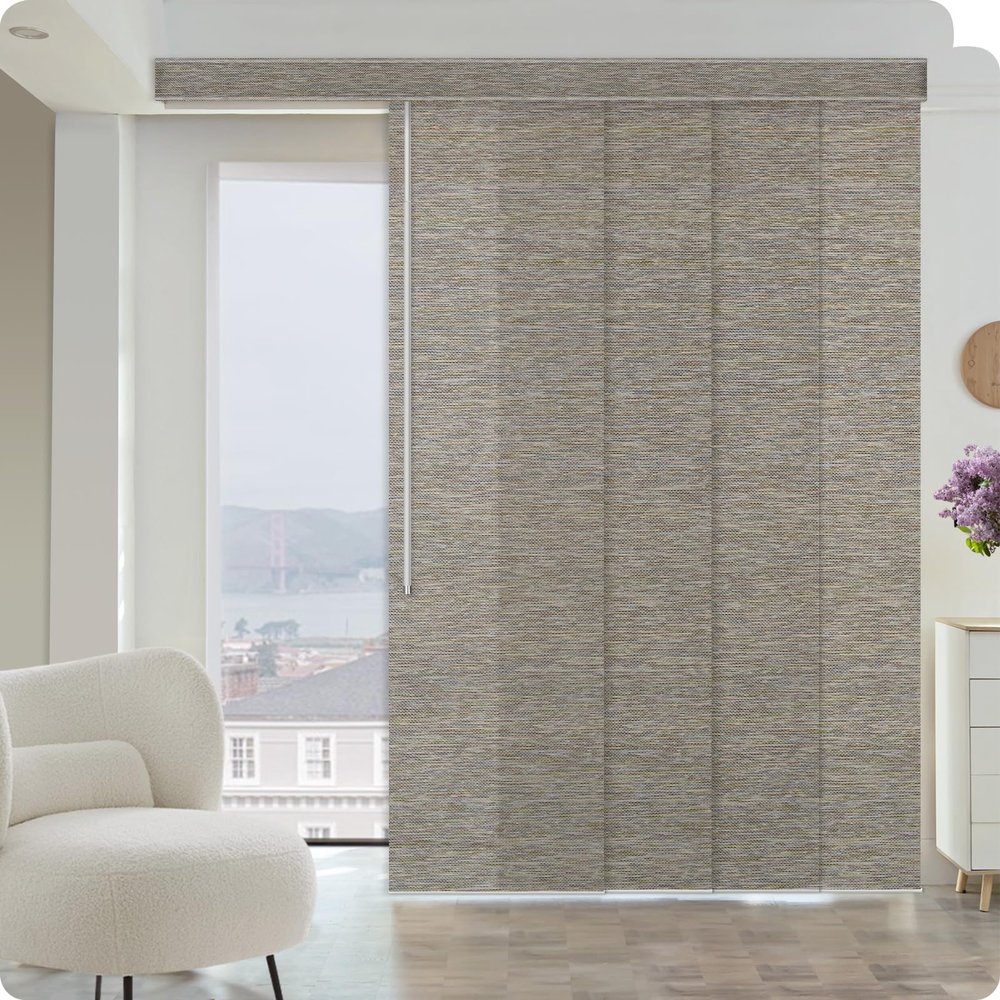 Graywind Manual Sliding Panels Natural Woven Panel Track Blinds Wand Control Window Blinds for Patio Sliding Glass Door Large Windows Width Up to 153", Custom Size (Terrazzo)