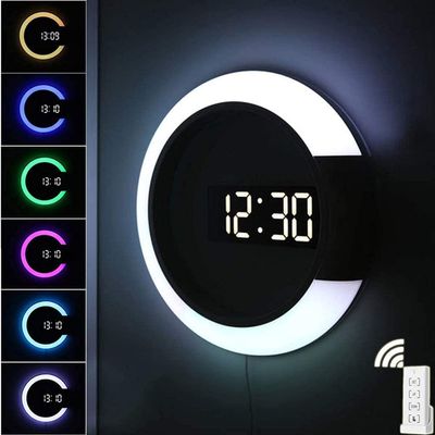 BaNbe Led Light Wall Clock, Creative Remote Control Digital Clock Alarm Clock Hollow Mirror Temperature Alarm 3-Level Lamp Brightness 7 Color Change Ring Night Light for Home Office Decoration, 20240105