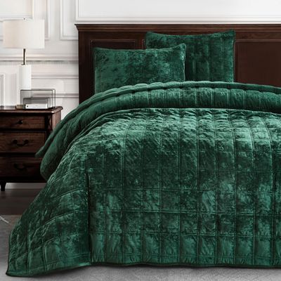 Chezmoi Collection Piers Forest Green Velvet Quilt Queen Set, 3-Piece Plush Distressed Velvet Bedding All Season Lightweight Comforter - Brushed Microfiber Reverse with Double Square Stitch