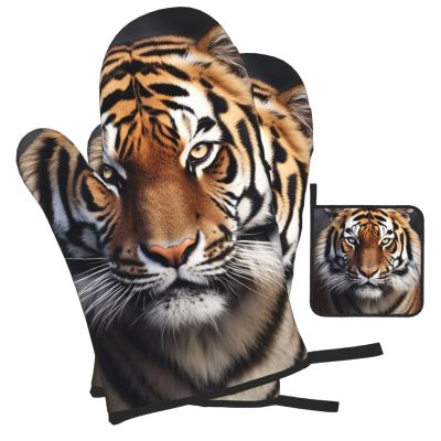 Oven Mitts and Pot Holders 3 pcs Set Oven Glove for Cooking Tiger Oven Mitt Heat Resistant Kitchen Oven Gloves and Hot Pads Non-Slip Cooking Gloves for Baking Kitchen Hot Pads