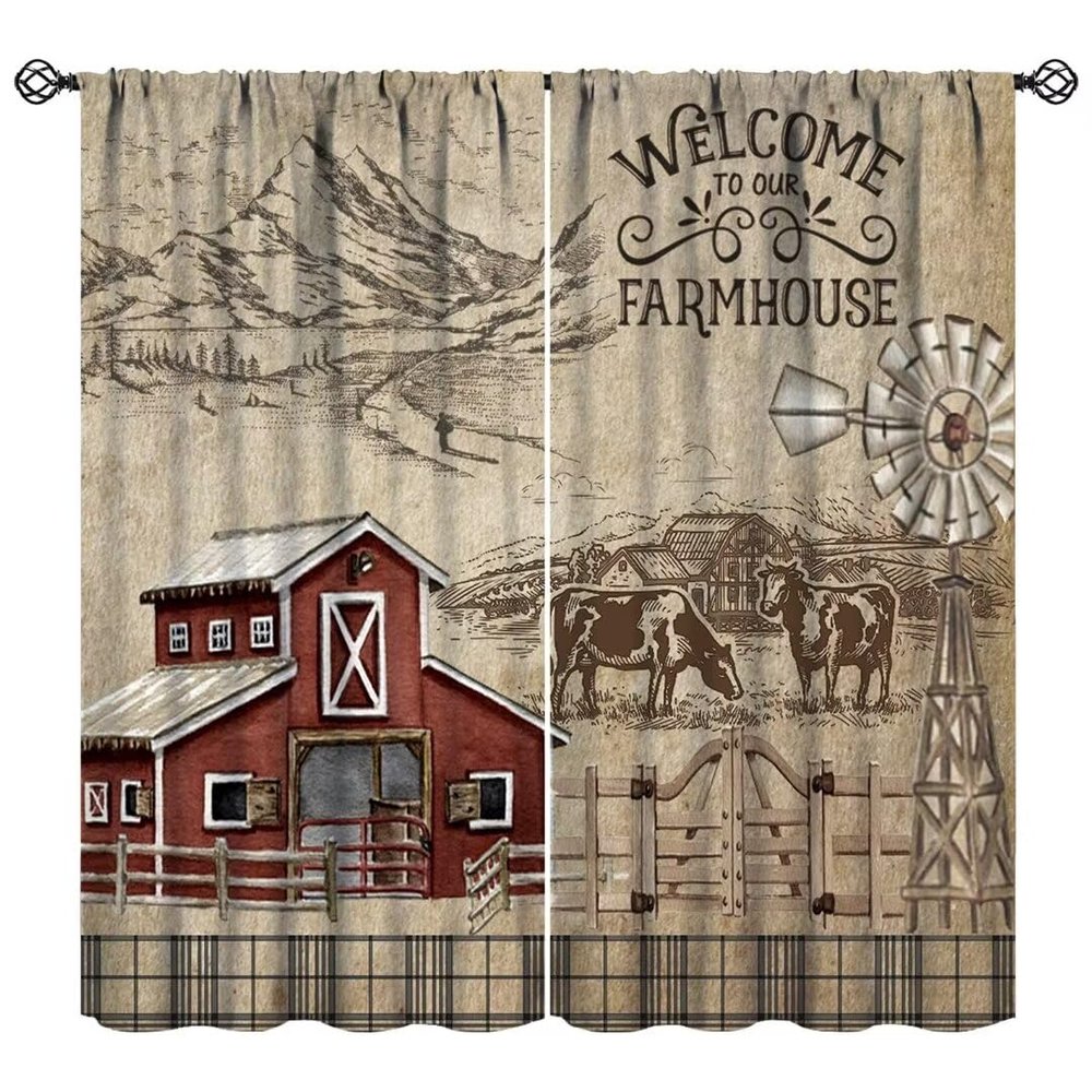 JanJCurt Rustic Farm Kitchen Curtains, Vintage Western Farmhouse Country Cow Retro Red Barn Windmill Blackout Window Treatments for Kitchen Cafe Living Room Bedroom 63x72in