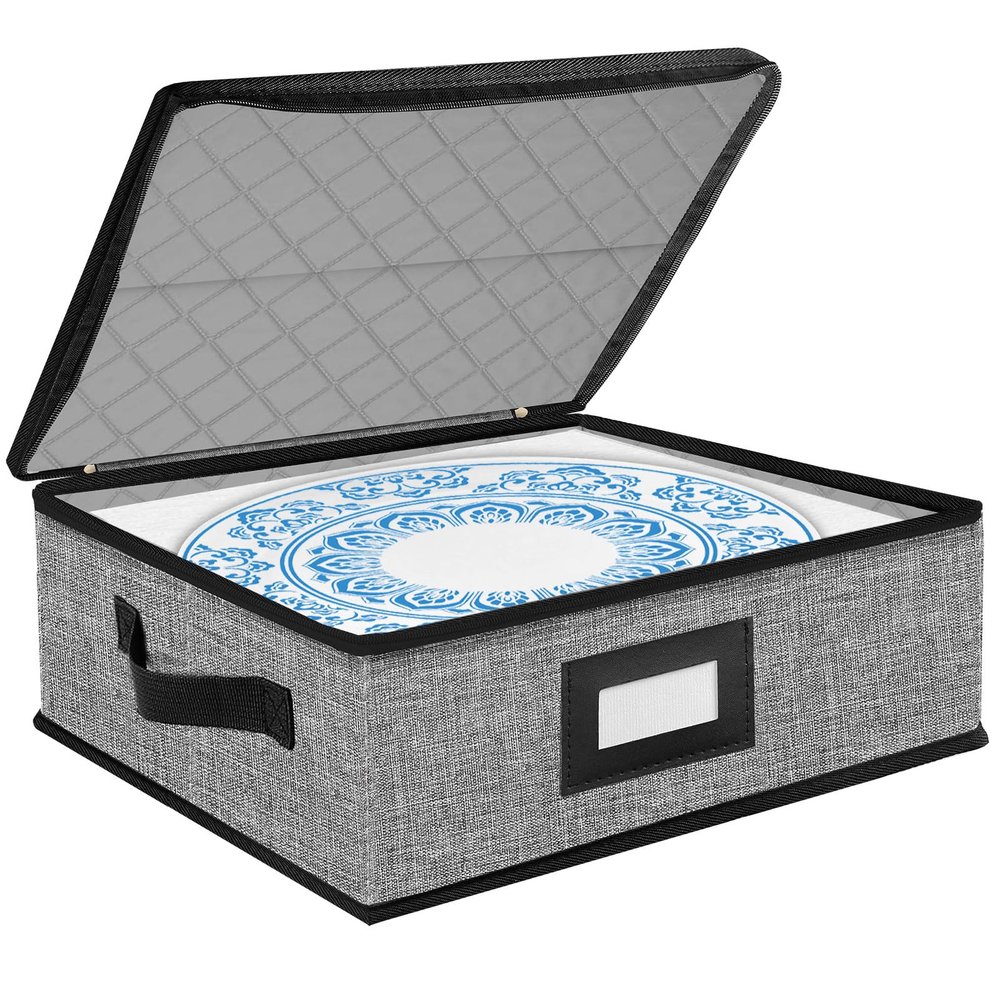 ouruer Quilted Platter Storage Case-Fine China Storage Containers Hard Shell for Organizing,Stackable Plate Storage Containers with 4 Felt Dividers,dinnerware Storage,Moving Box,Moving Supplies