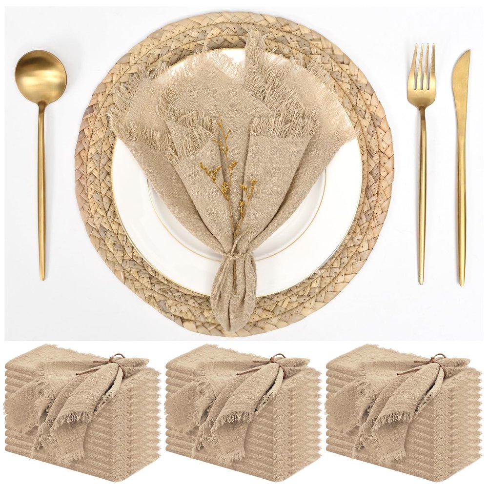 36 Pack Caramel Napkins Cotton Linen Napkin 16 x 16 Inch Caramel Napkins Cloth Handmade with Fringe Soft Washable Rustic Dinner Napkin Cloths for Wedding Party Dinner Table