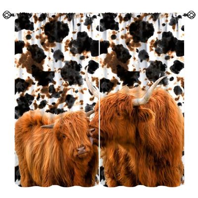 JanJCurt Highland Cattle Curtains, Farmhouse Western Wild Animal Milk Cow Fur Print Blackout Window Drapes Rustic Country Style Rod Pocket Window Treatments for Bedroom Living Room 63x72in