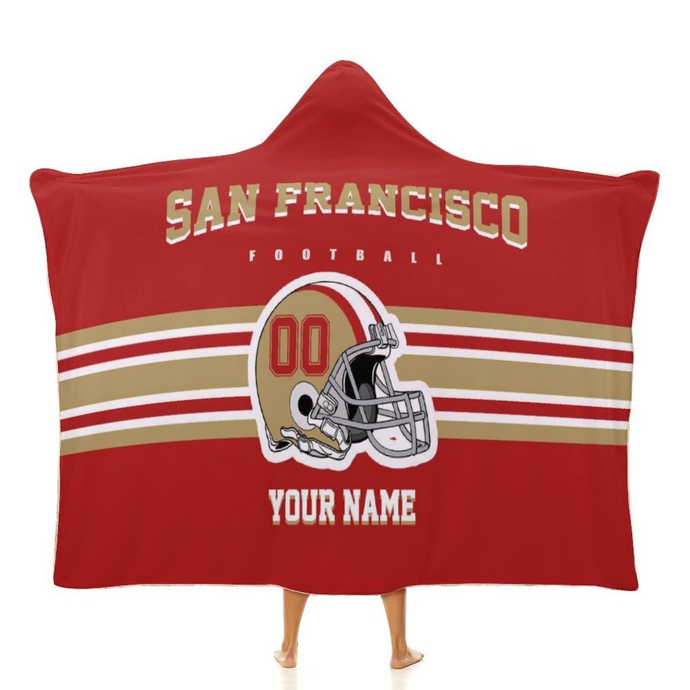 Custom San Francisco Hooded Blankets, Personalized Blanket Hoodie with Any Name and Number, Customized Football Style Wearable Flannel Blankets Gifts for Men Women Youth Fans